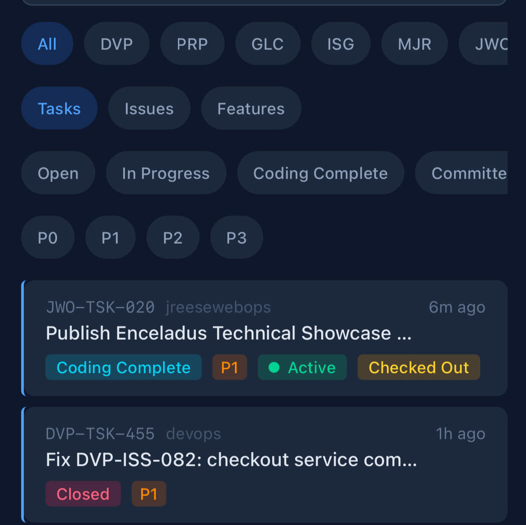 Enceladus is a production multi-agent AI coordination platform built by J Reese — featuring evidence-gated task lifecycles, exclusive checkout ownership, and governed workflows across Claude, OpenAI Codex, and AWS Bedrock. 682+ tasks closed. ~$35/month on